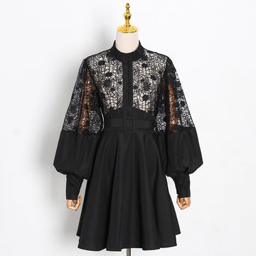 90s Fashion Lace Stand Collar Short Dress with Lantern Sleeves