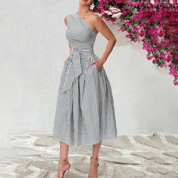 Cute Homecoming Dresses | One Shoulder Striped Midi Dress | Elegant Tie Waist Bodycon Dresses