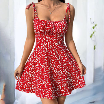 Floral Hoco Dress | Spaghetti Strap Sleeveless Tie Shoulder Ruffle Summer Boho Dresses