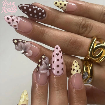 Summer Polka Dot Nails | Press ons Handmade Acrylic 3D Flower Pink Yellow Nail