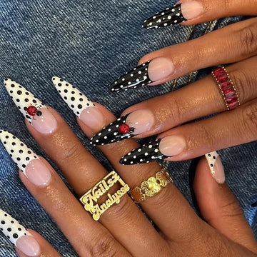 Ladybug Polka Dot Nails | Black White 3D Lady Bug French Tips Nail