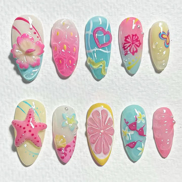24PCS 3D Summer Flower Nails Design Full Cover Manicure