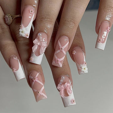 24Pcs Ballet Square Pink Summer on Bow Nails