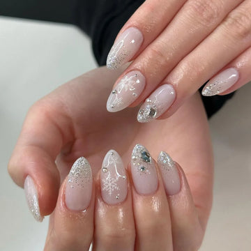 24 Christmas French Nails | Almond False Nails | Snowflake with Rhinestone Detachable Nail Tips