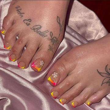 24 Spring Toe Nail Designs | Pink Flora Gilt French Toe Nail Press Ons Fake Nails