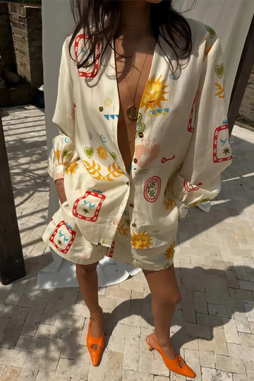 Cozy Fall Outfits | Elastic Waist Two Piece Sets Elegant Floral Print Lapel Long Sleeve Short Pants