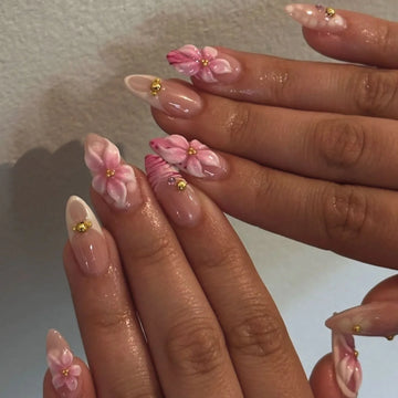24 Medium Almond Nails Designs | Gradient Pink Flower Pearl Design False Nail