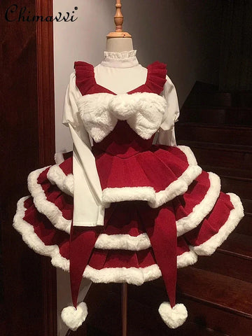 Lolita Christmas New Year Cute Girl Bubble Sleeve Top | Christmas Dress Bow | 2 Pcs Outfits