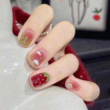24PCS * Jelly glue pink nails design with Strawberry Printed | Fake Nails for Hot Girl
