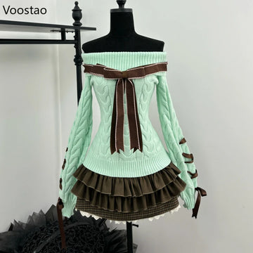 Autumn 2 Piece Set | Bow Knitted Sweater Mini Cake Skirt Suit Femme Y2k Outfits