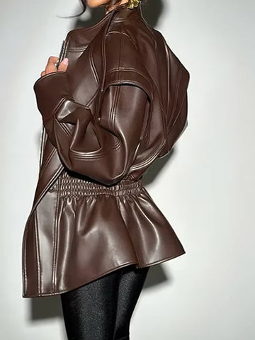 Leather Jacket Women | Fashion Solid Faux Leather Collar Zipper Front Puffy Sleeves Stylish Coat