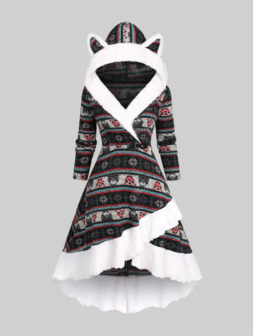 Christmas Snowflake Dress | Graphic Print Fur Panel High Low Hooded Dress
