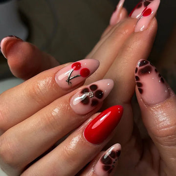 24 Leopard Print Almond Nails | Press on Cherry Flower Pattern Reusable Full Cover Nails