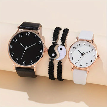 4 Piece Couple Fashion Watch, Fashionable Casual Minimalist Leather Watch | Dial Quartz Watch