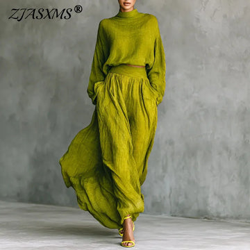 Autumn Fashion | Long Sleeve Turtleneck Top Pullover+Maxi Skirts 2 Pieces Sets | Retro Woman Outfits