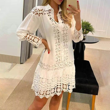 Women's Casual Lapel Shirt Dress with Lace Crochet