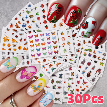 30Pcs 3D Cartoon Ladybug/Butterfly Nail Stickers Cute Manicure Decor