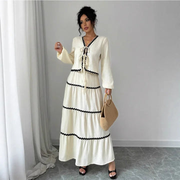 Casual Autumn Outfits For Ladies | Fashion Lace Layered Pleated Lantern Sleeve Bow Shirt Skirt 2 Piece Outfit E