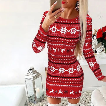 Elegant Women Christmas Dress | Bodycon Snowflake Red Xmas Short Skirt Sexy Party Costume