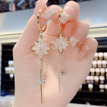 Luxury Crystal Floral Earrings for Women | Shiny Zircon Opal Long Dangle Earrings