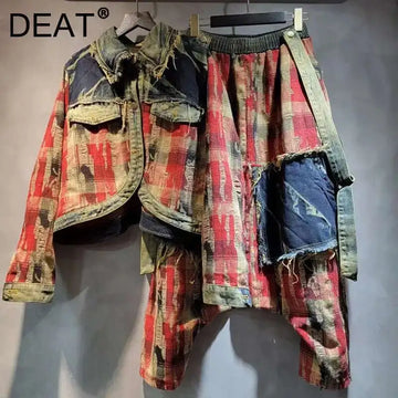 Vintage Denim Jacket Outfit | Plaid Patchwork Denim Jacket Loose Elastic