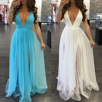 Sheer Mesh Deep V Neck Evening sleeveless maxi dress for wedding