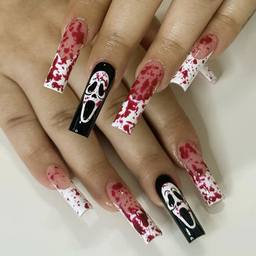 24 Cute Halloween Nail Ideas | Press On Nails Long Coffin Wearable White French Funny False Nails