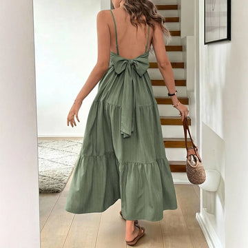 Street Wear Outfits | Women's Beach Plain Bowknot Backless Spaghetti Strap Scoop Neck Layered Midi Dresses