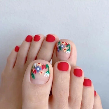 24 Summer Red Press on Toenails | Cartoon Flowers Fake Nail Tips for Foot Women