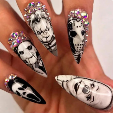 24 Skull Nail Art Simple | Halloween Press On Nails Black And White Horror Style Fake Nails With Rhinestone Reusable False Nails