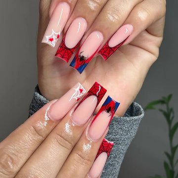 24 Halloween Spider Nails | French Coffin Ballet Fake Nail Wearable Full Cover Artificial Nail