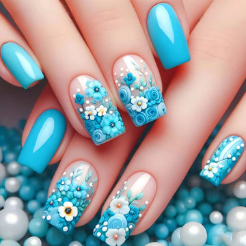 24 Spring Short Square Nails | Full Cover Blue Fresh Flower Pattern French Nail