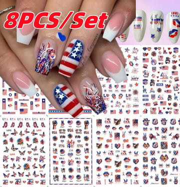 8 Pcs 3D Independence Day in style with 4th of July nail sliders