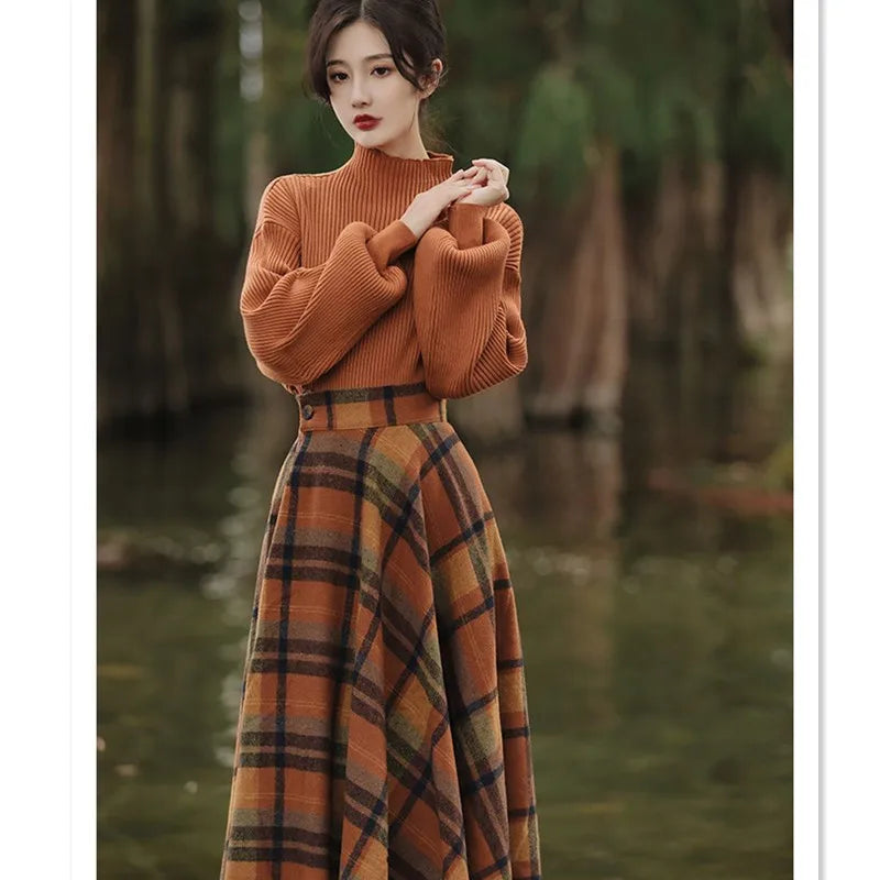 Autumn Vintage Outfit | Plaid Long Skirts Sweater Two-Piece Set | Pullover High Waist Skirt Outfit