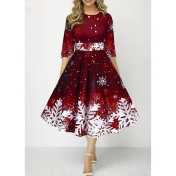 Christmas Outfits Female | New Fashion Personality Snowflake Digital Print Cinching Dress