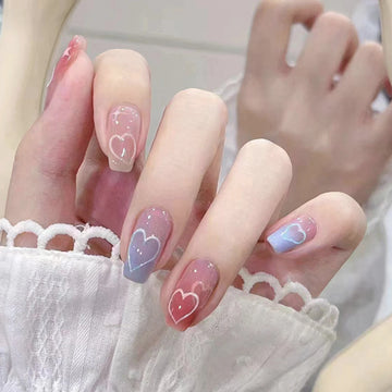 24 Light Pink Nails Natural | Love Printed Fake Nail Tips for Girl | Korean Cute False Nails
