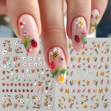 5D Cute Daisy Bee Ladybug Nail Stickers Sliders