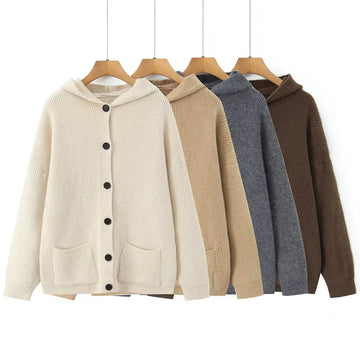 Hooded Cardigan Sweater | New Solid Color Hooded Knitted Cardigan | Retro Long Sleeve