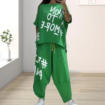 2Pcs/ Women Summer Outfit Ideas | O-Neck Short Sleeve T-shirt Waist Ties Pockets Harem Pants