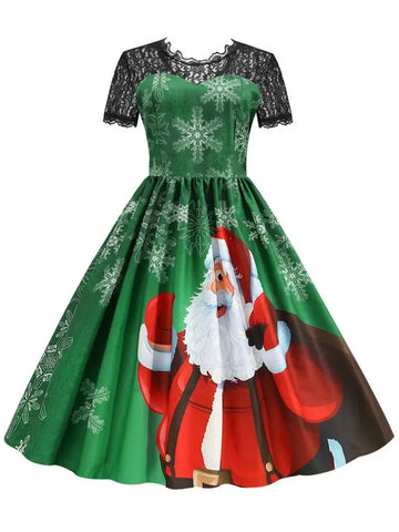 Santa Claus Print Dress | Short Sleeve High Waist Vintage Christmas Party Clothing