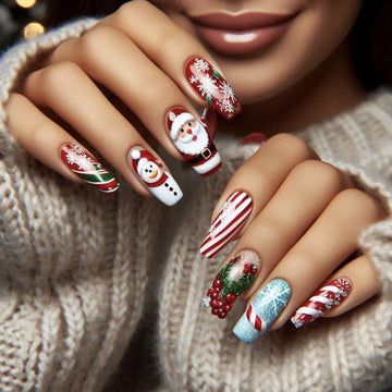 Snowman Xmas Nails | Santa Claus Print Fake Nail Tips | Long Coffin False Nails for Girls
