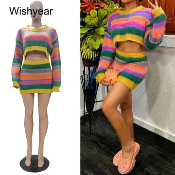 Women's Striped Knitting 2-Piece Set | Colorful Patchwork Long Sleeve Crop Top And Bodycon Skirt