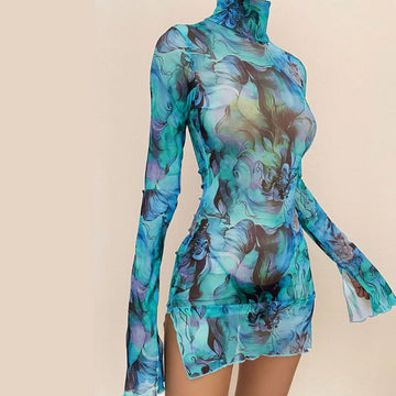 Ladies Mesh Printed Y2k Vintage Dress High Street Slim Elastic Bodycon Party Dress Round Neck Bell Sleeve Side Open Hip Dresses