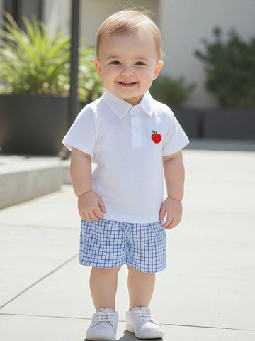 Cool Back To School Outfits For Boys with Apple Embroidered Short Sleeve Shirt and Grid Elastic Waist Shorts - 2 Piece