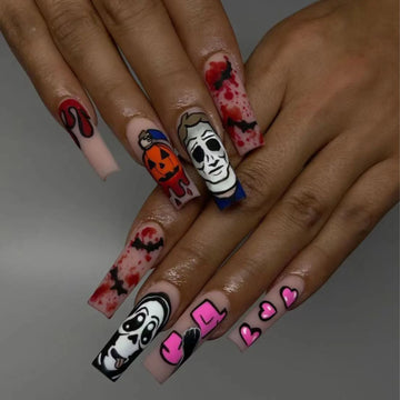 24 long Halloween Press on Nails | Skull Pattern False Nails | Halloween Day Fake Nail