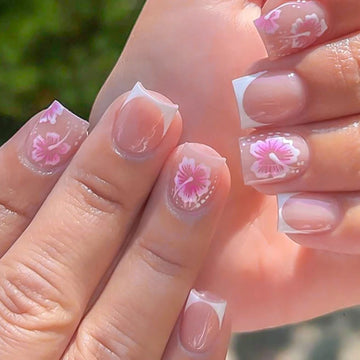 24Pcs French Flower False Nails Pink Hibiscus Design