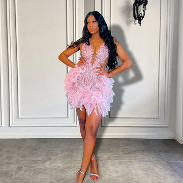 Luxury Pink Prom Dress | Feather Black Girl Short Prom Dresses For Birthday Party