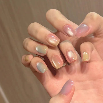 24 Cat eye glitter nails | Short Square Nails Sweet Cool Gradient Summer Fake Nails