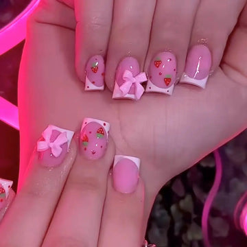24 Red Strawberry Nail Designs | 3D Bowknots Decor White French Style Press On Nails