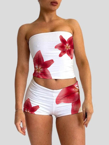 2025 fall fashion trends | Sexy Women 2 Pieces Short Suits Y2k Grunge Flower Print Strapless Tube Tops & Shiny Shorts